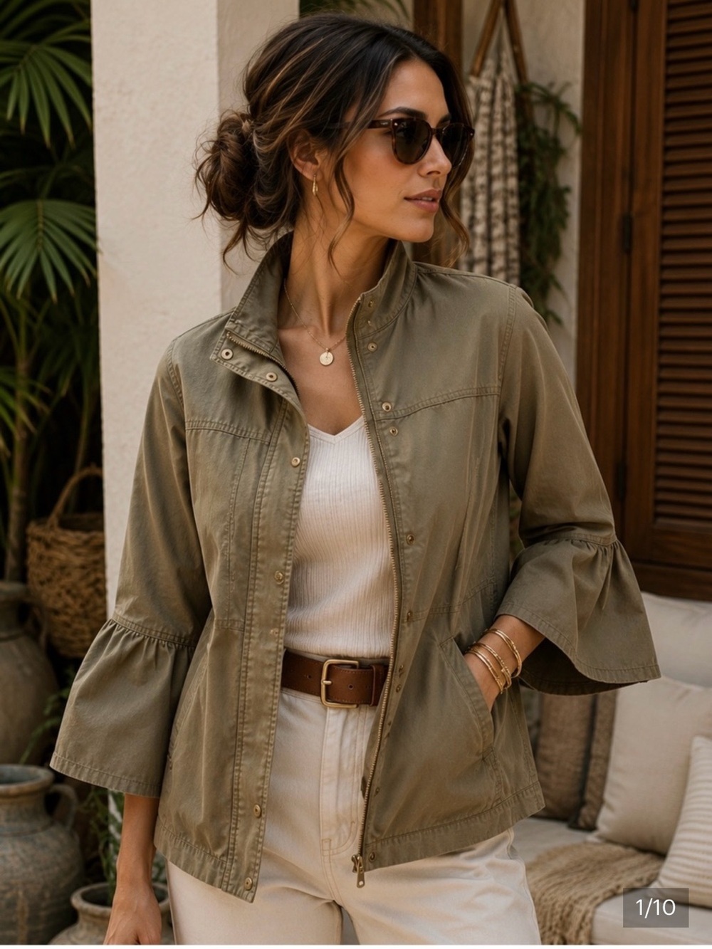 Banana Republic Olive Green Bell Sleeve Utility Jacket Cotton 2 XS